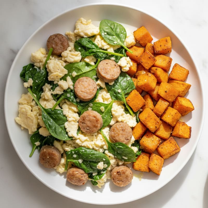 Egg White and Turkey Sausage Scramble with Spinach and Roasted Sweet Potato