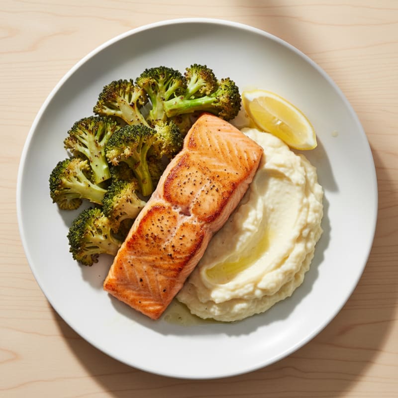 Seared Salmon with Roasted Broccoli and Garlic Mashed Cauliflower