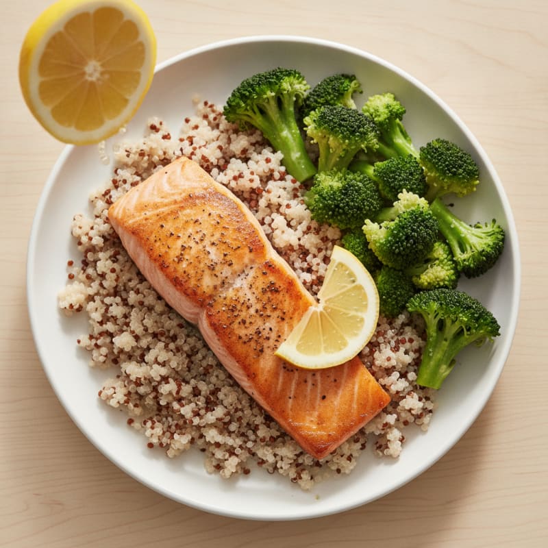 Seared Salmon with Steamed Broccoli and Quinoa