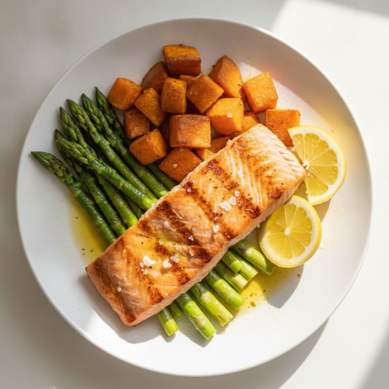Seared Salmon with Roasted Sweet Potato and Asparagus