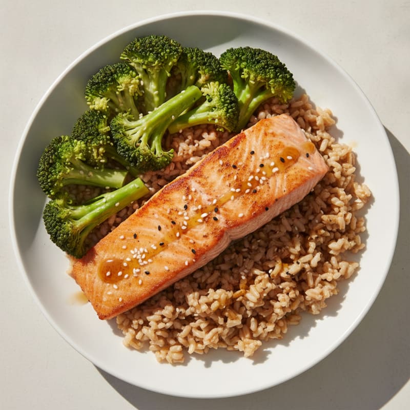 Seared Salmon with Steamed Broccoli and Brown Rice