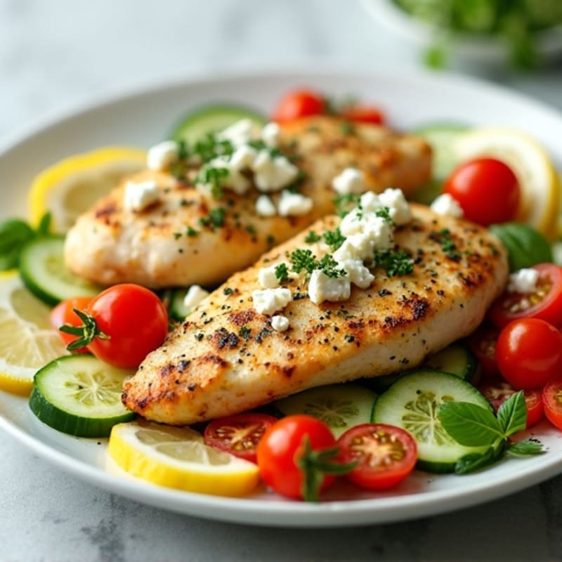 Lemon-Herb Chicken with Fresh Feta and Crunchy Vegetable Salad