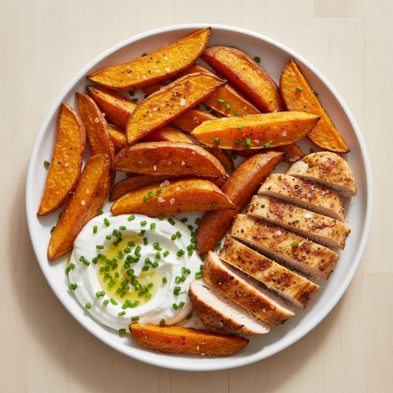 Crispy Roasted Sweet Potato Wedges with Spiced Chicken