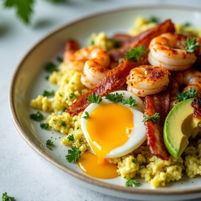 Egg and Avocado Scramble with Crispy Bacon and Shrimp