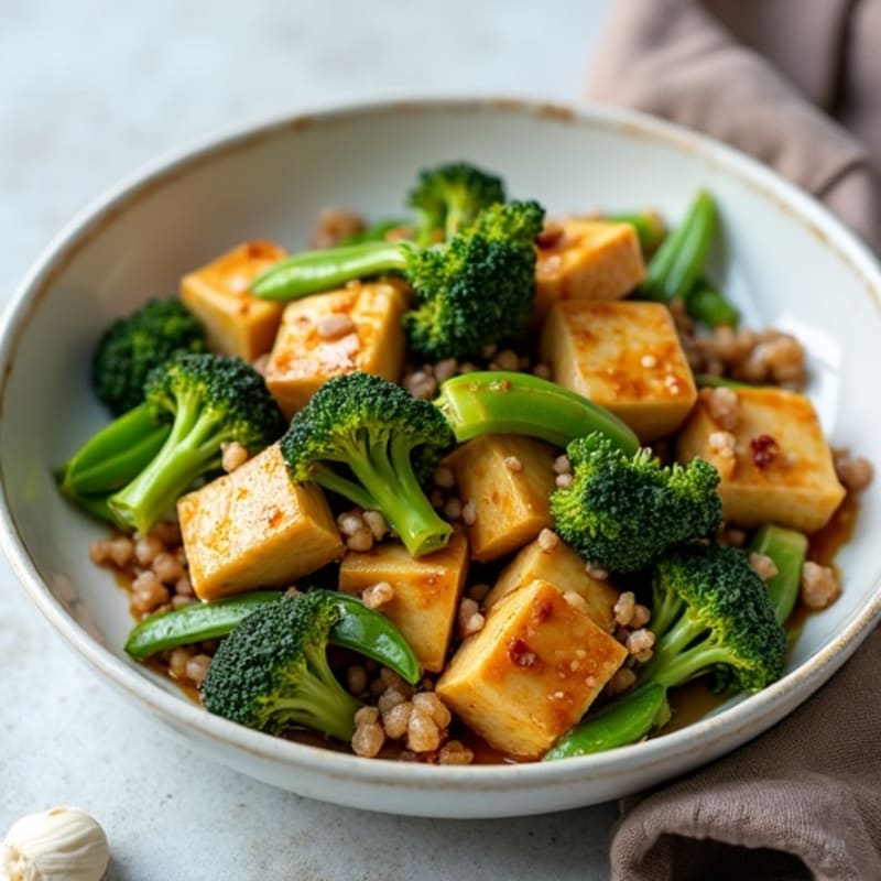 Tofu and Broccoli Stir Fry with Snap Peas and Ginger Soy Glaze