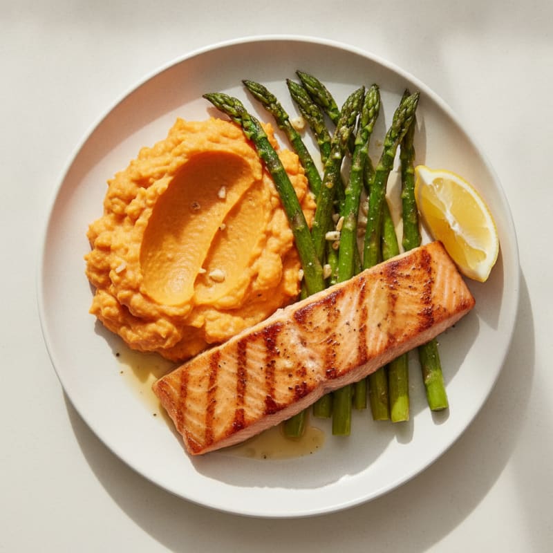 Seared Salmon Fillet with Roasted Asparagus and Sweet Potato Mash