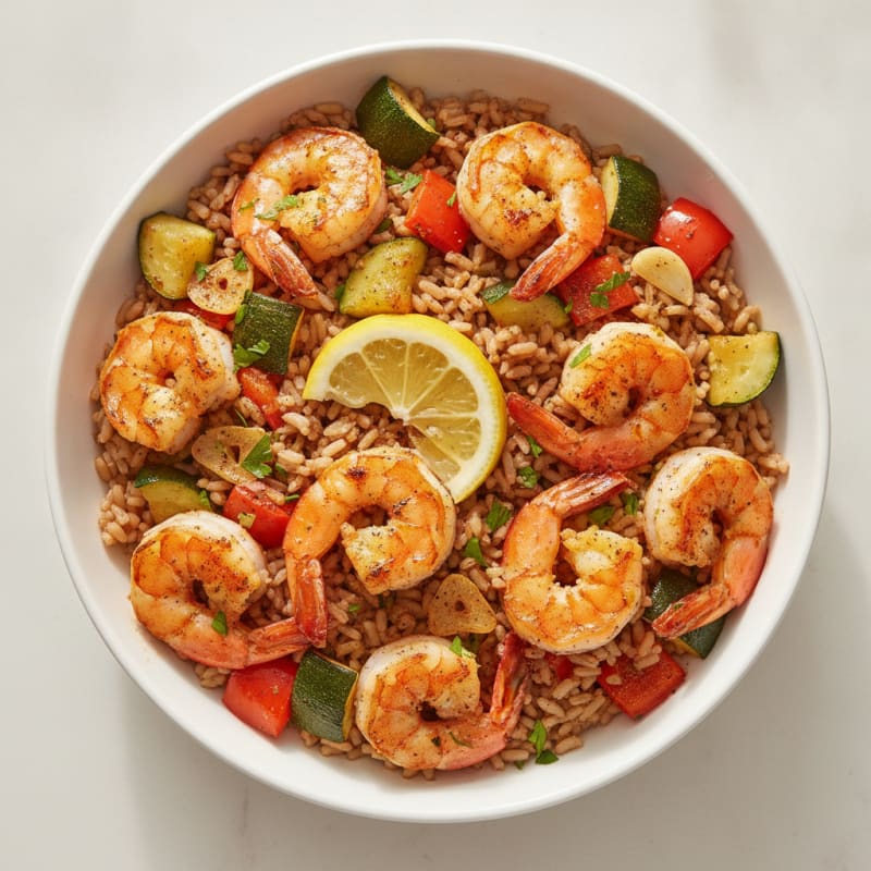Grilled Shrimp and Roasted Vegetable Rice Bowl