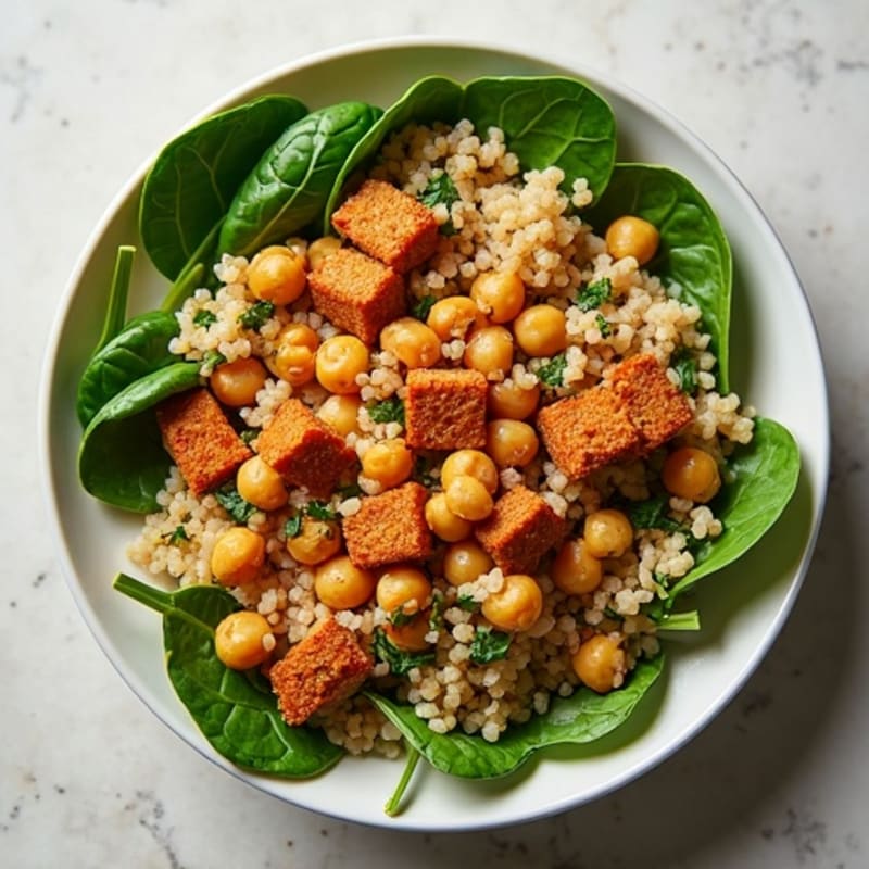Crispy Tempeh and Quinoa Power Bowl with Spinach