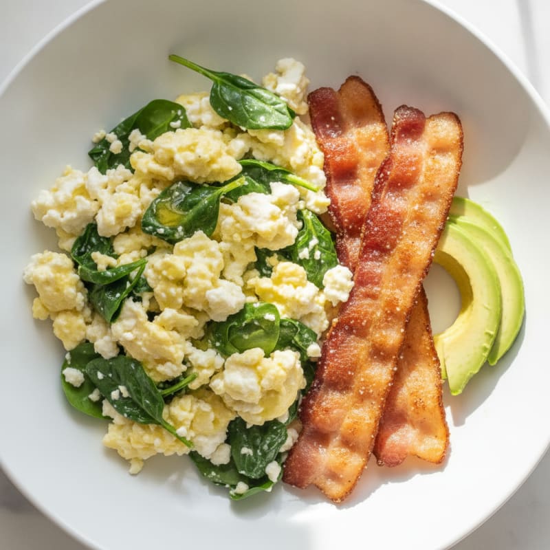 Cottage Cheese Scramble with Turkey Bacon and Spinach