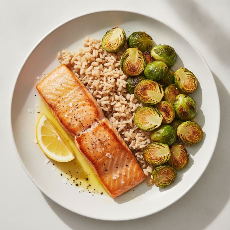 Seared Salmon Fillet with Roasted Brussels Sprouts and Brown Rice