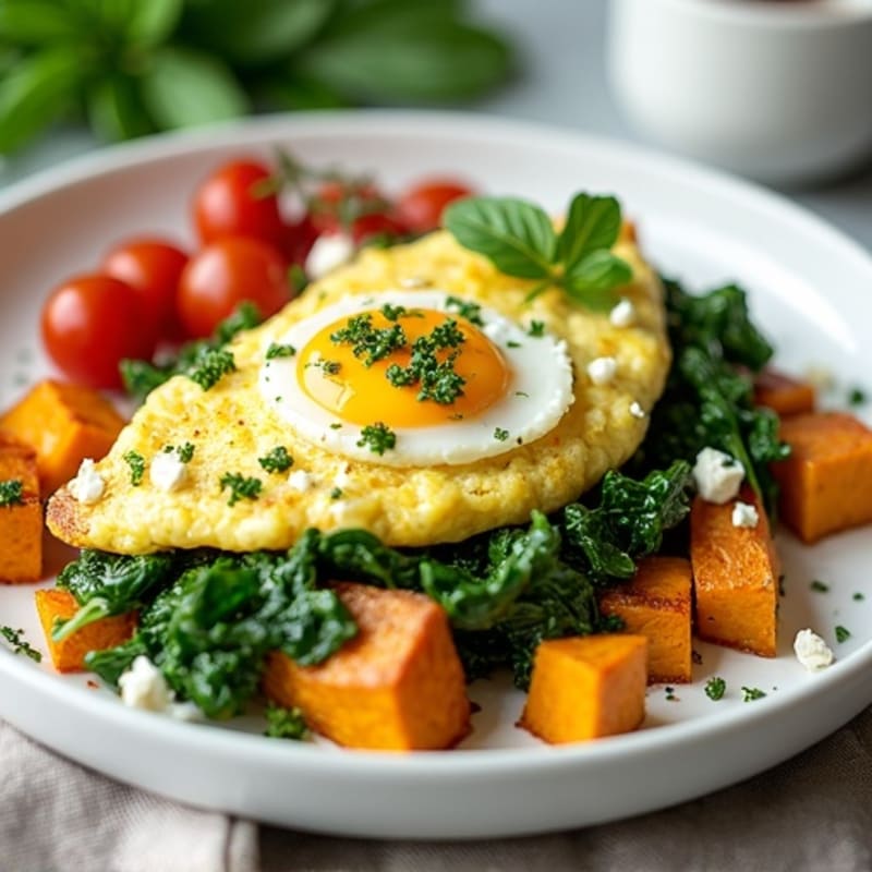 Egg White Spinach Scramble with Feta and Roasted Sweet Potato