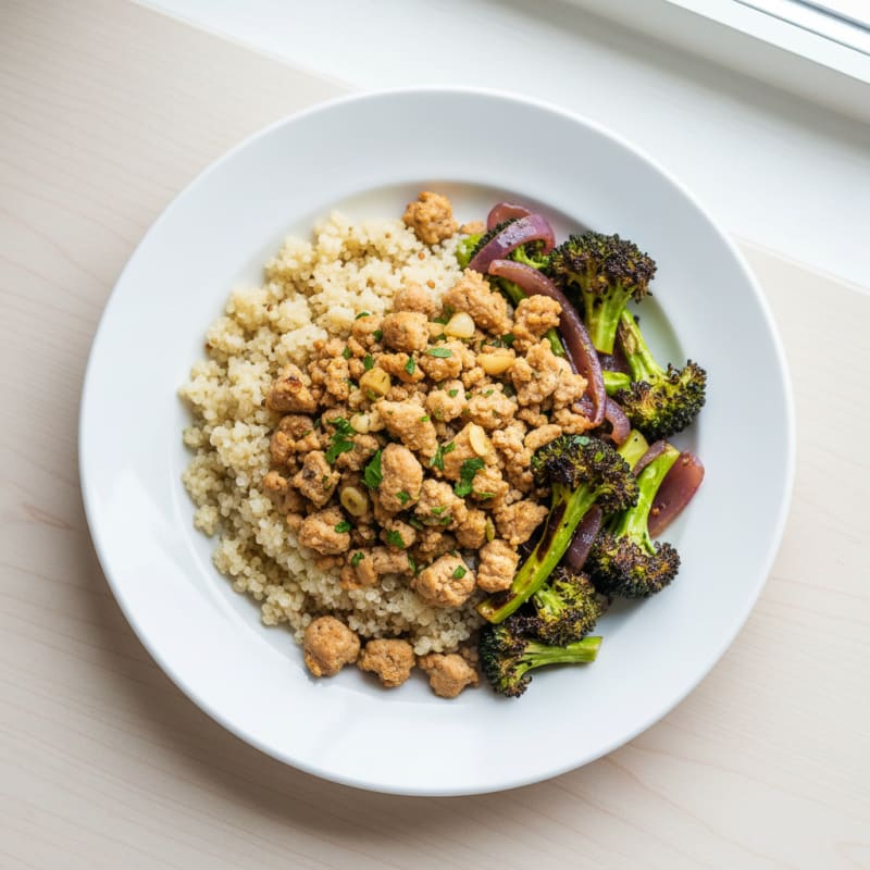 Ground Turkey and Quinoa Bowl with Roasted Broccoli and Onions