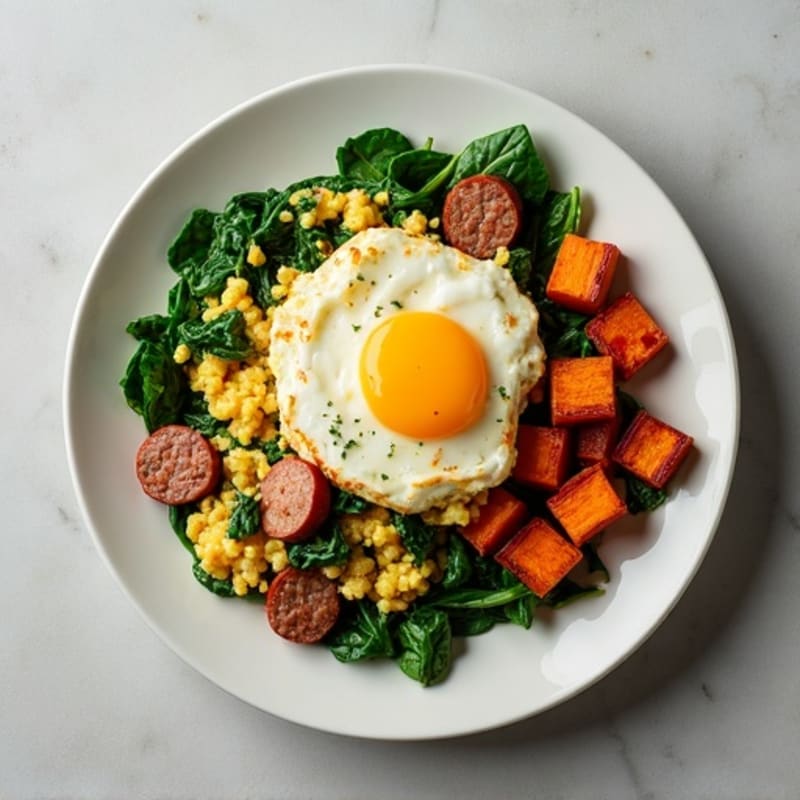 Egg White and Turkey Sausage Scramble with Spinach and Roasted Sweet Potato