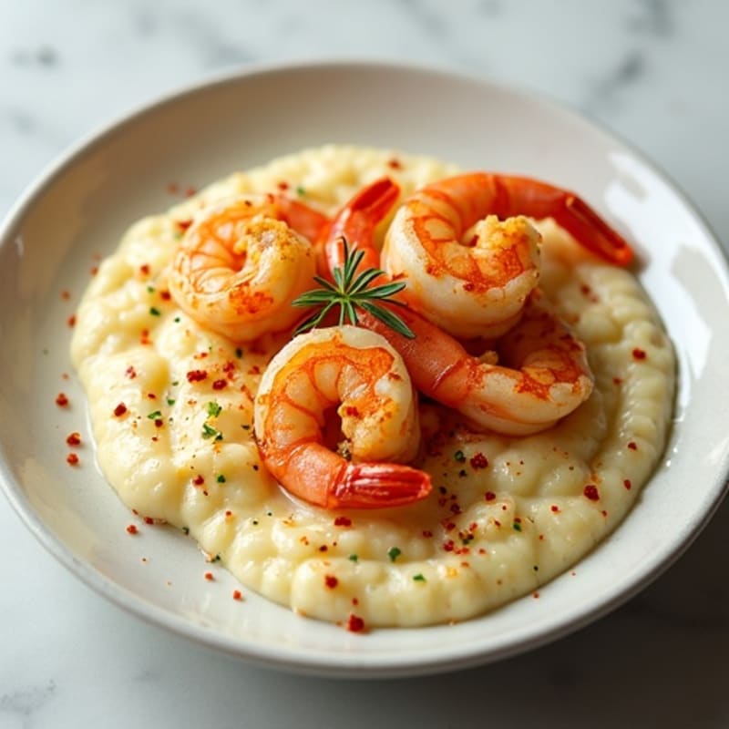 Creamy Cauliflower Grits with Spicy Garlic Shrimp
