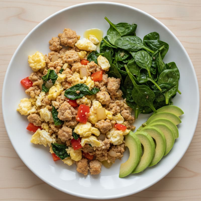 Egg White and Turkey Veggie Scramble with Sautéed Spinach