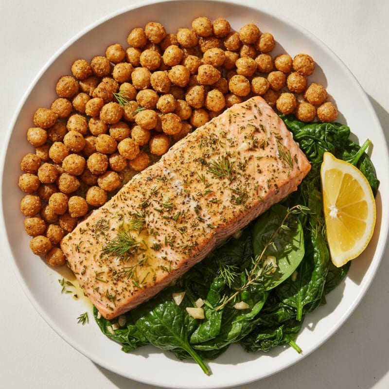 Herb-Baked Salmon with Roasted Chickpeas and Wilted Greens