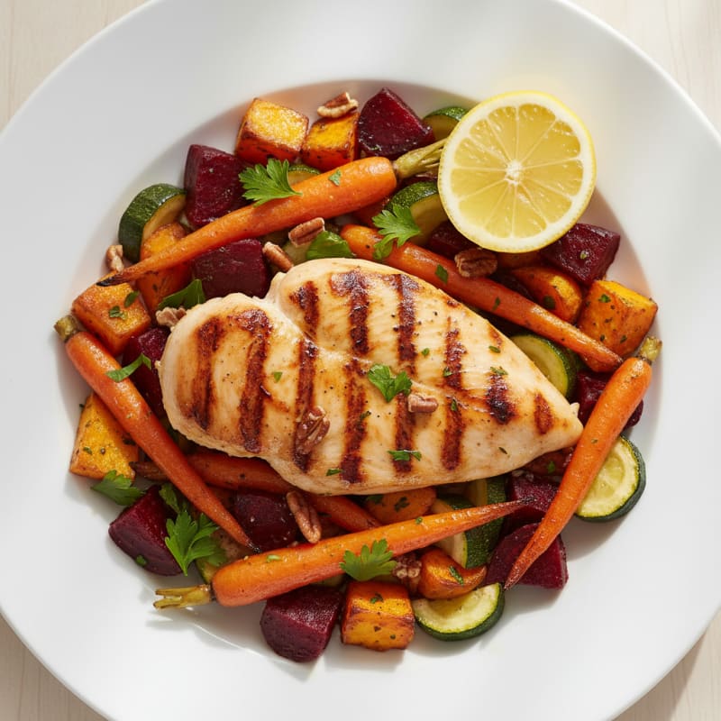 Grilled Chicken Breast with Roasted Beet and Carrot Salad