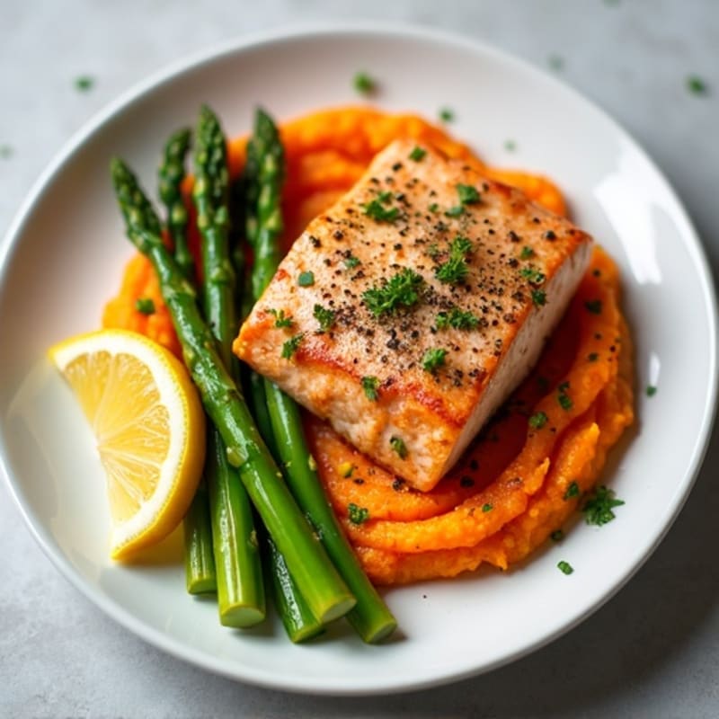 Seared Salmon with Steamed Asparagus and Sweet Potato Mash