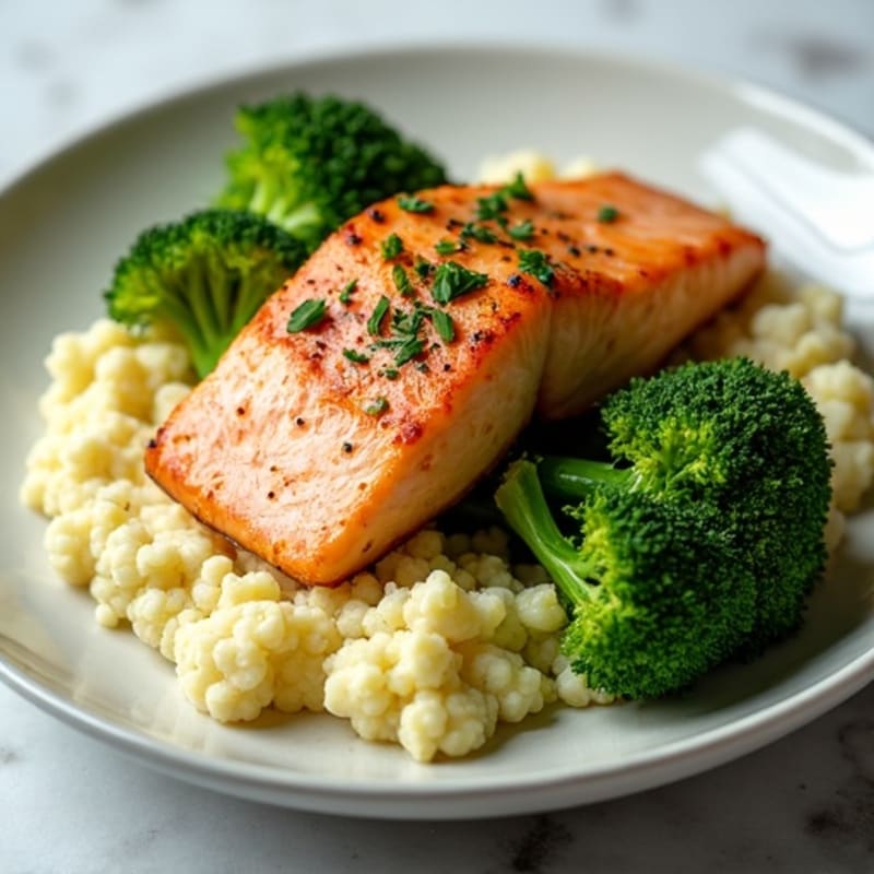 Pan-Seared Salmon with Steamed Broccoli and Garlic Mashed Cauliflower