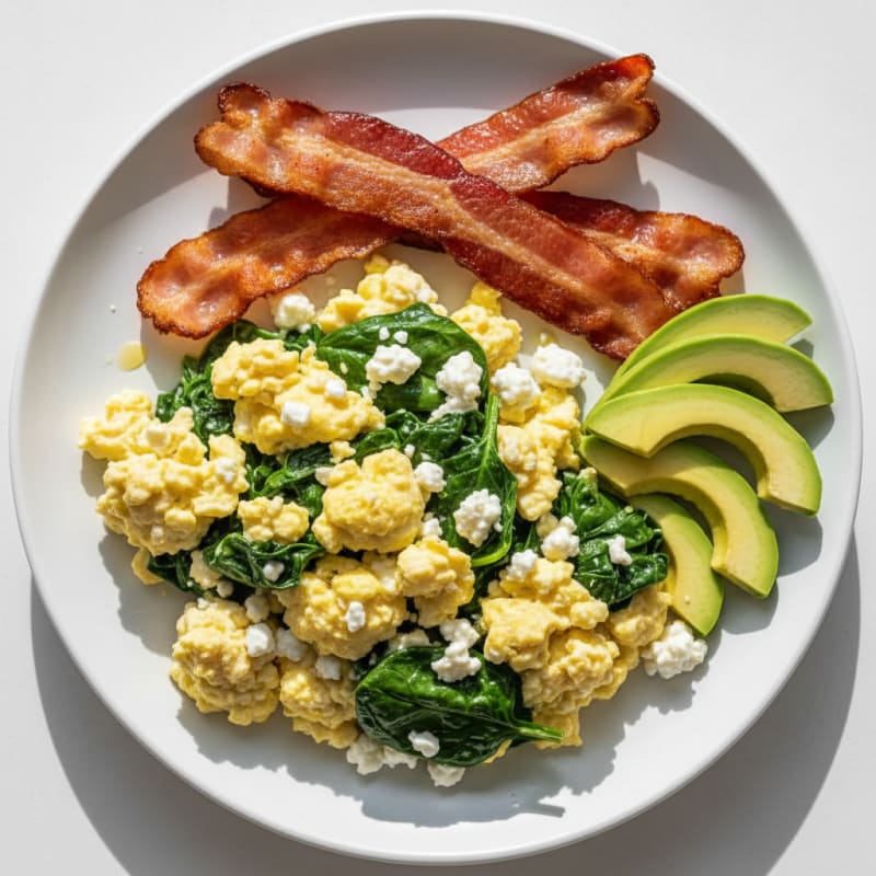 Cottage Cheese Egg Scramble with Spinach and Turkey Bacon