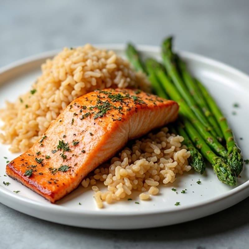 Seared Salmon Fillet with Steamed Asparagus and Brown Rice
