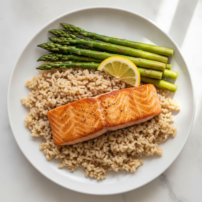 Seared Salmon Fillet with Steamed Asparagus and Brown Rice