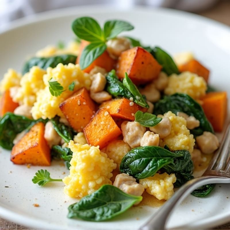 Egg White and Turkey Spinach Scramble with Roasted Sweet Potato
