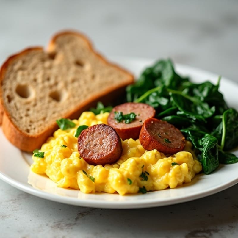 Egg White Scramble with Turkey Sausage and Sautéed Spinach