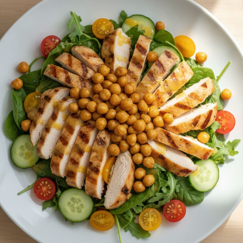 Grilled Chicken Breast Salad with Crunchy Chickpeas and Lemon Vinaigrette
