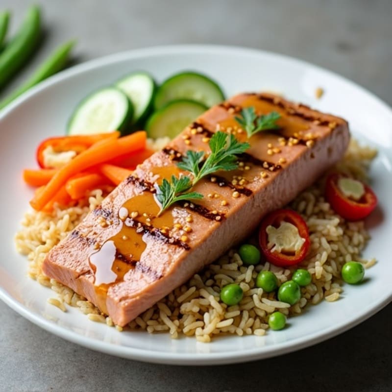 Fresh Sesame Ginger Tuna with Brown Rice and Crunchy Vegetables