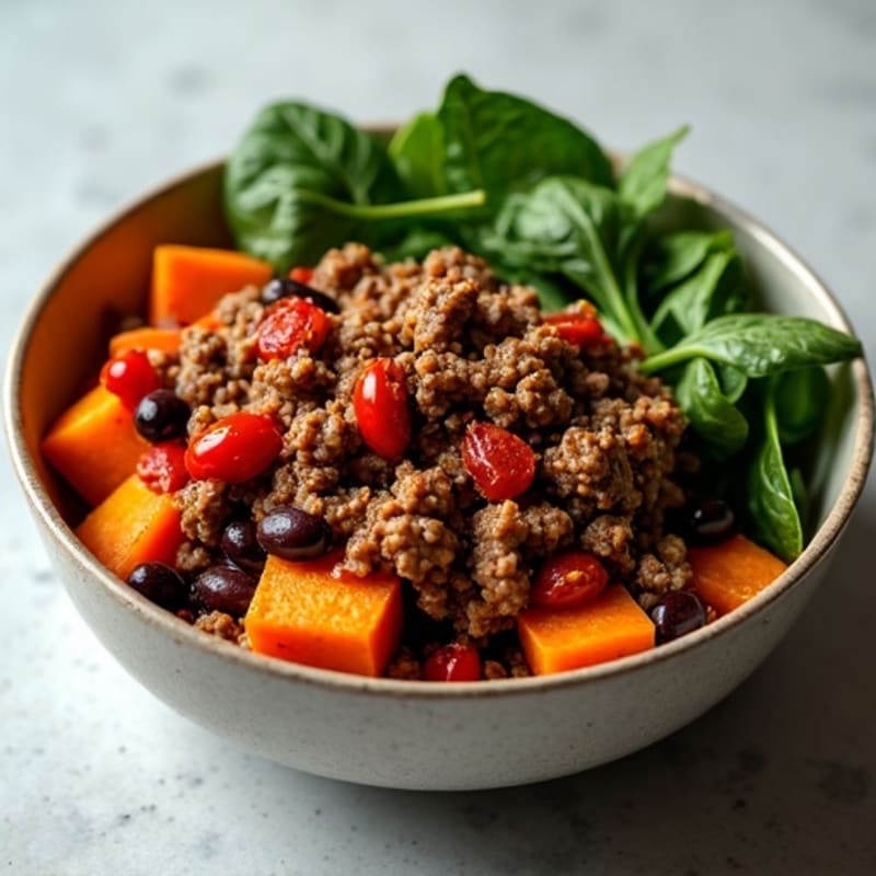 Roasted Sweet Potato and Spiced Ground Beef Bowl