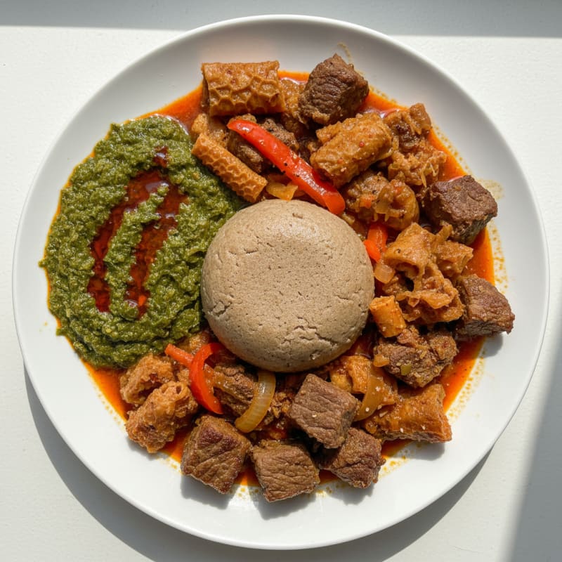 Amala with Ewedu and Assorted Meats