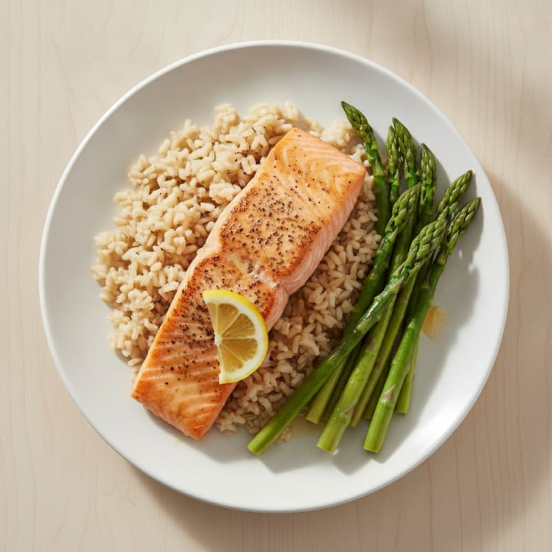 Seared Salmon with Steamed Asparagus and Brown Rice