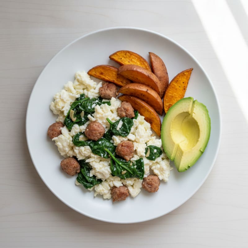 Egg White Scramble with Turkey Sausage and Sautéed Spinach