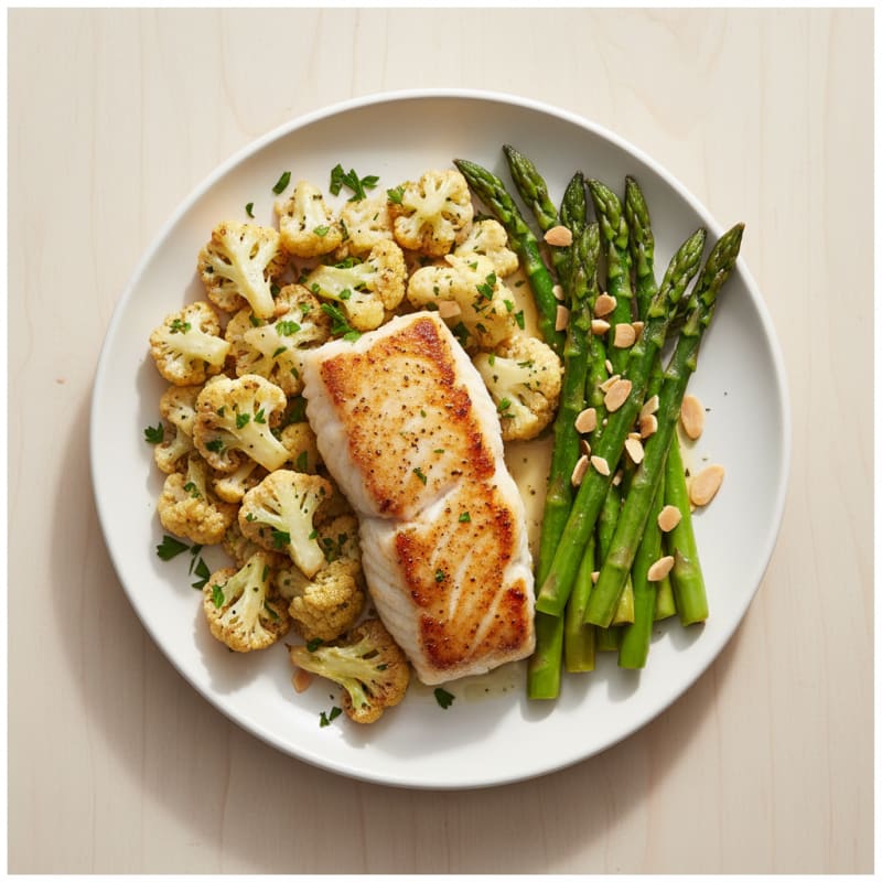 Seared Cod with Herb-Roasted Cauliflower and Lemon Asparagus