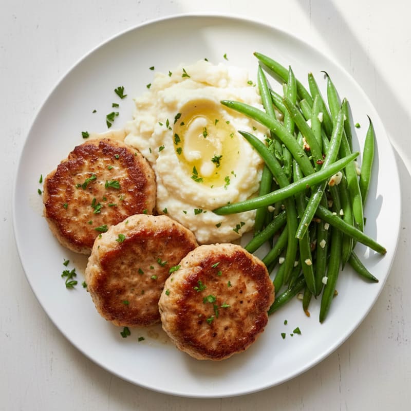Seared Turkey Patties with Garlic Green Beans and Mashed Cauliflower