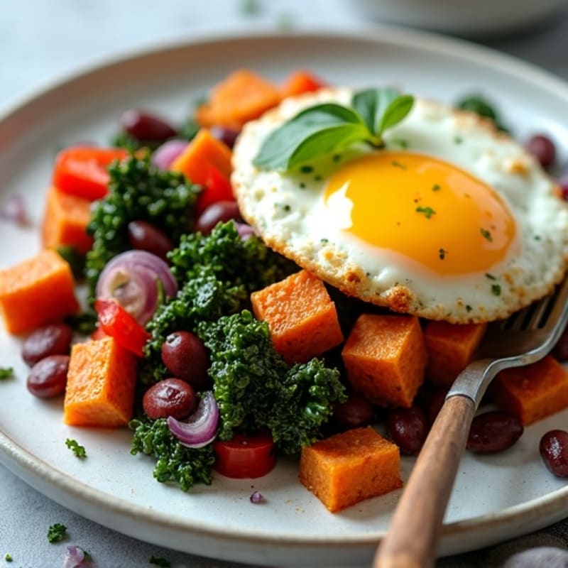 Crispy Sweet Potato and Egg Hash with Sautéed Greens
