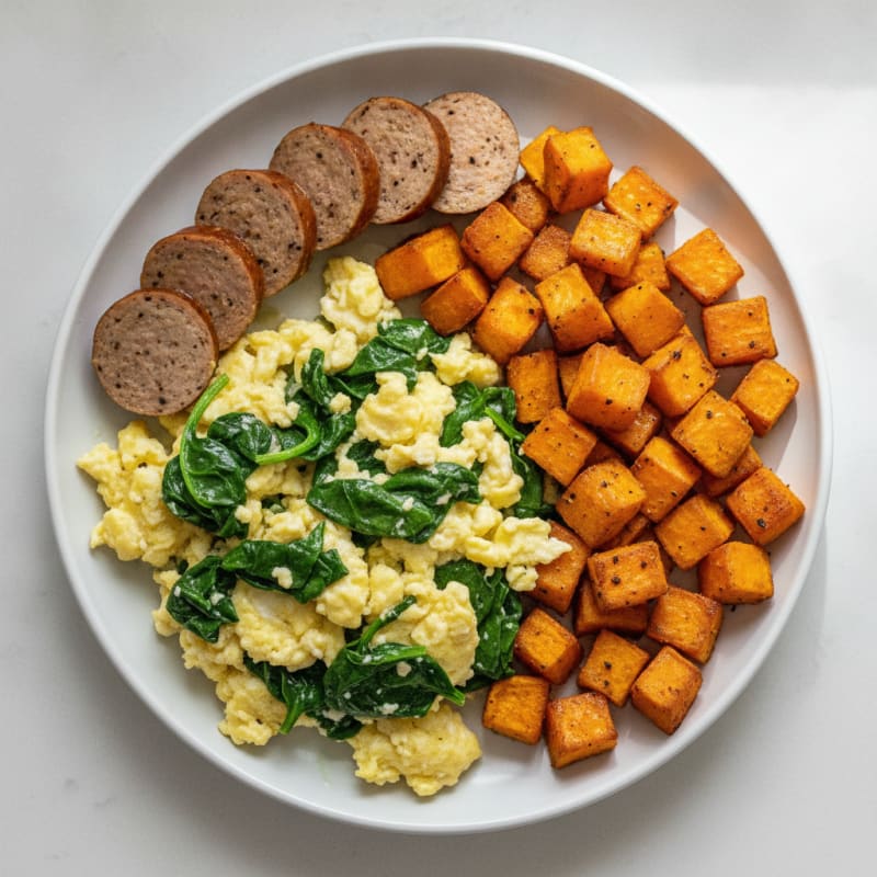 Egg White Spinach Scramble with Turkey Sausage and Roasted Sweet Potato