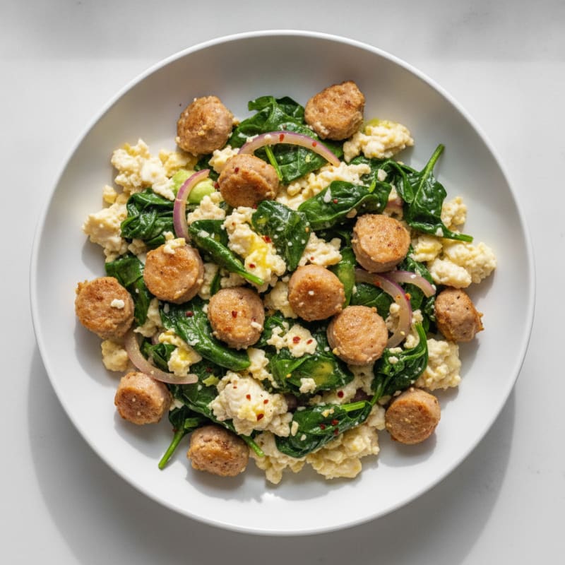 Egg White and Turkey Sausage Scramble with Sautéed Spinach