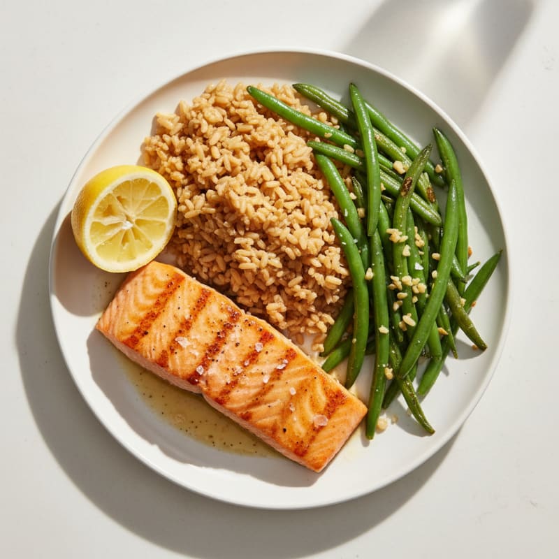 Seared Salmon with Garlic Green Beans and Brown Rice