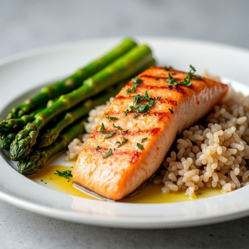 Seared Salmon Fillet with Steamed Asparagus and Brown Rice