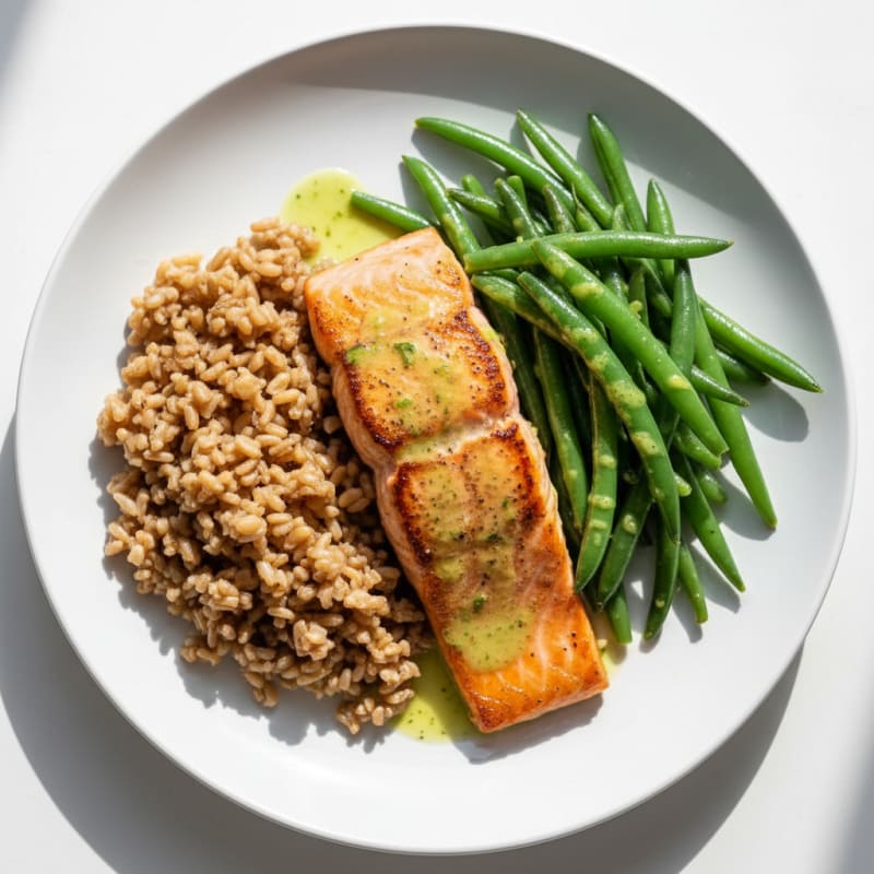 Seared Salmon Fillet with Steamed Green Beans and Brown Rice