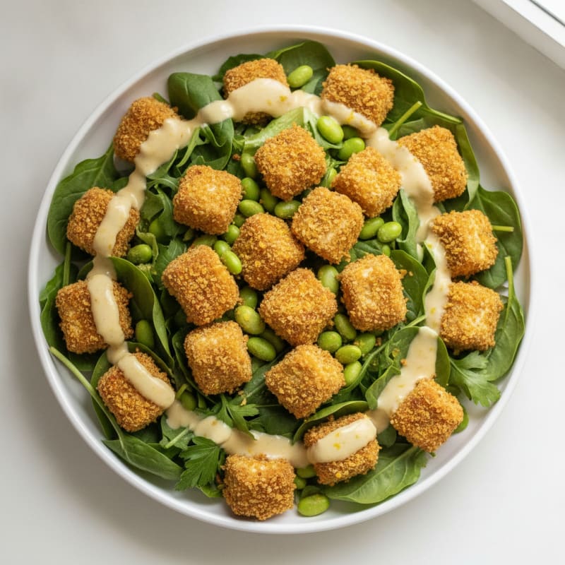 Crispy Tofu and Edamame Salad with Lemon Tahini Dressing
