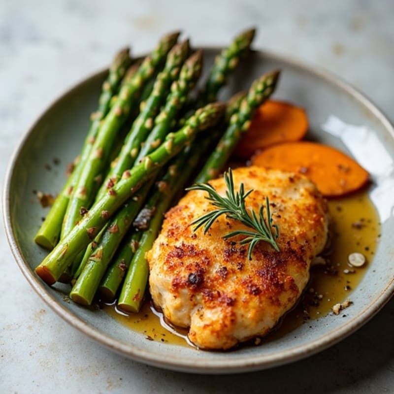Crispy Lemon Herb Roasted Chicken with Asparagus and Sweet Potato