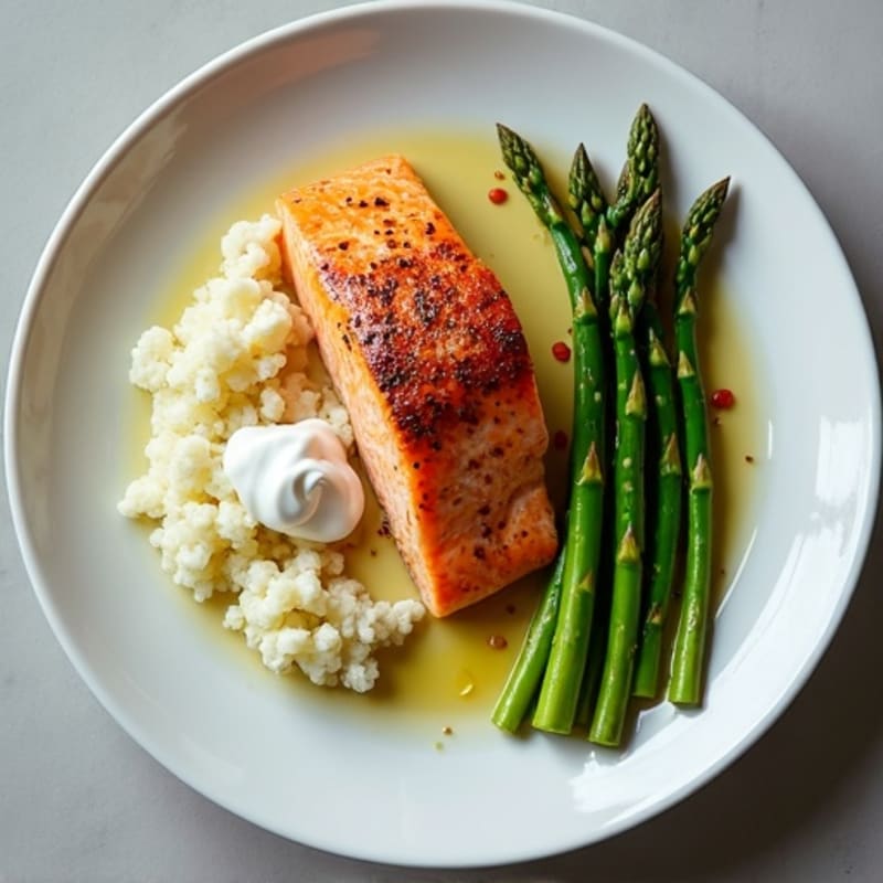 Seared Salmon with Steamed Asparagus and Cauliflower Mash