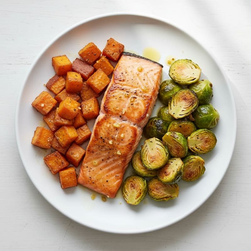 Seared Salmon Fillet with Roasted Brussels Sprouts and Sweet Potato