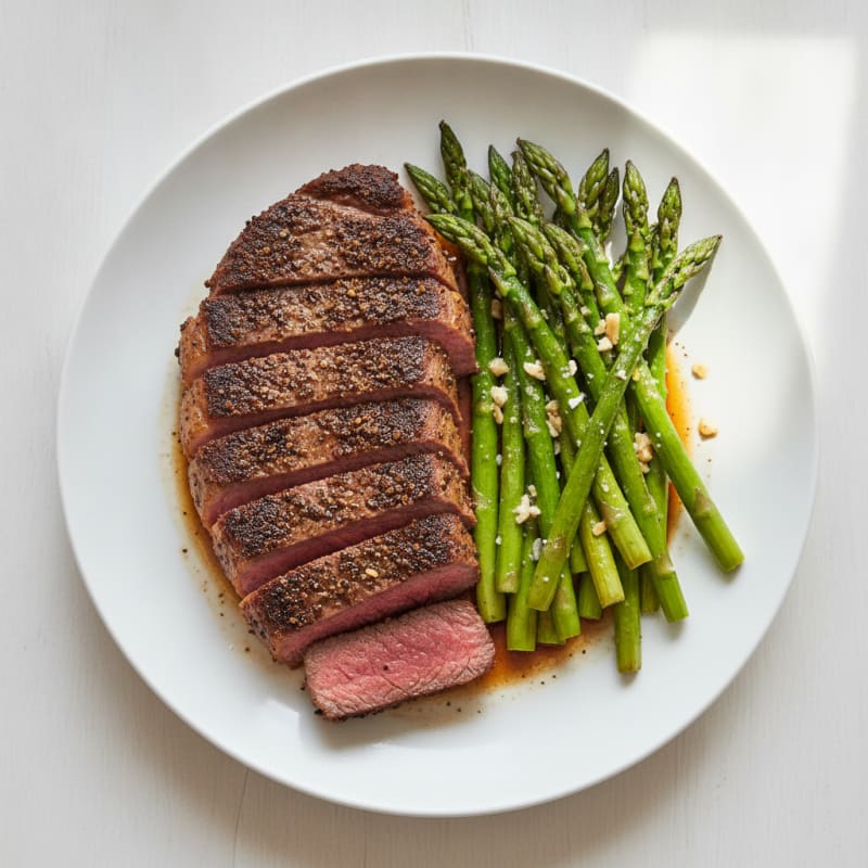 Coffee Bean Crusted Steak with Asparagus