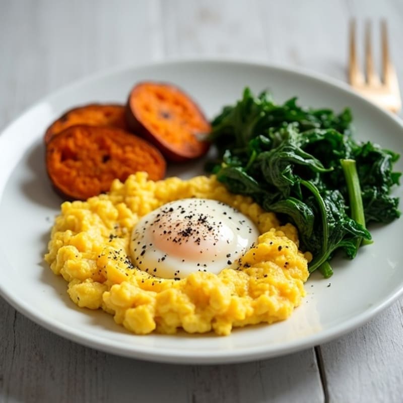 Cottage Cheese Egg Scramble with Sautéed Spinach and Roasted Sweet Potato