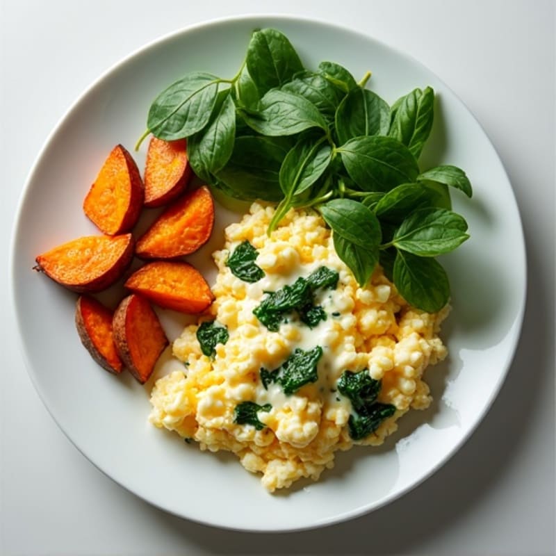 Egg White and Cottage Cheese Scramble with Spinach and Roasted Sweet Potato