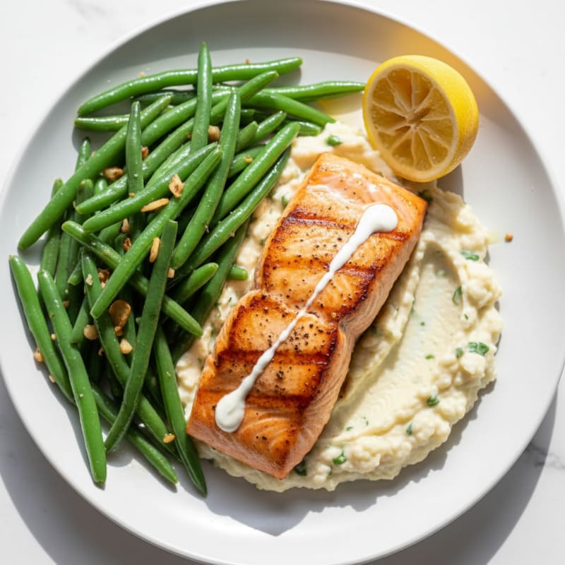 Seared Salmon Fillet with Garlic Green Beans and Cauliflower Mash